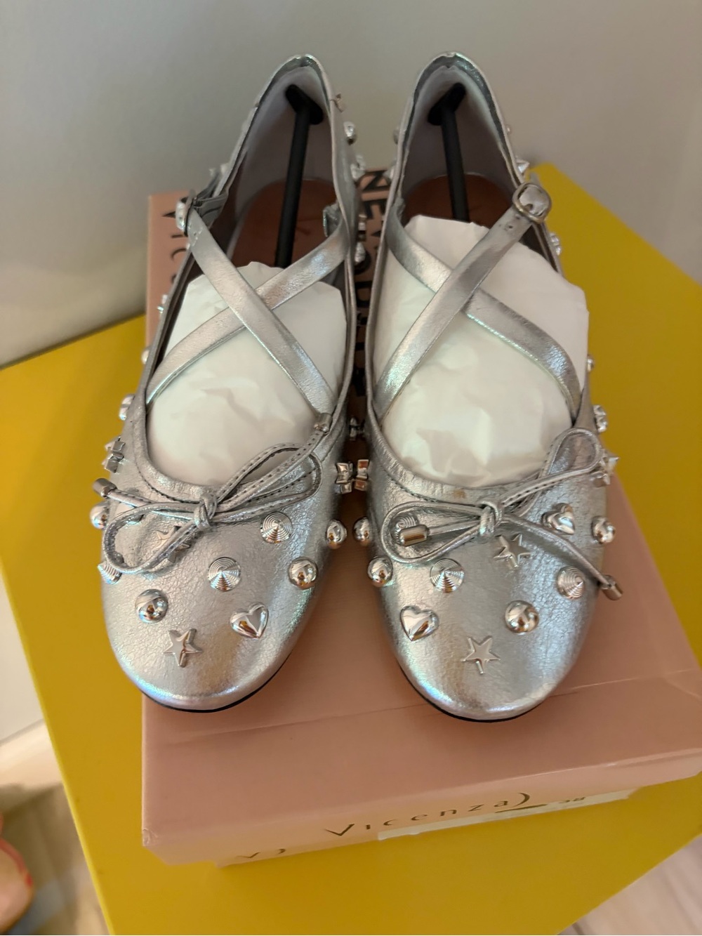 Anthropologie Silver Studded Cross-Strap Ballet Flats